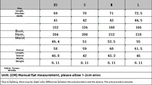 Detailed size chart for long sleeve bow blouse with measurements in centimeters
