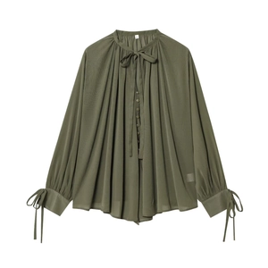Women Casual Olive Green Pleated Blouse Tie Neck Bow Long Sleeve Chiffon Shirt Single Breasted Loose Top Street Blouse