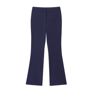 Women's navy blue high-waist flared pants in minimalist slim-fit style for summer