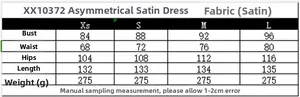 Size chart for asymmetric satin maxi dress with chest, waist, hip, and length measurements