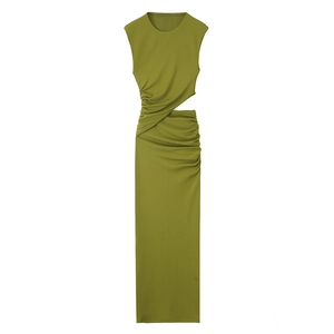 Detail of olive green sleeveless maxi dress with side waist cutout and ruched design