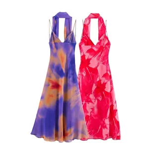 Robe Longue de Plage Sexy Dos Nu à Imprimé Floral pour Femme Sans Manches Col en V Coupe en A Robe de Vacances d'Été Polyester