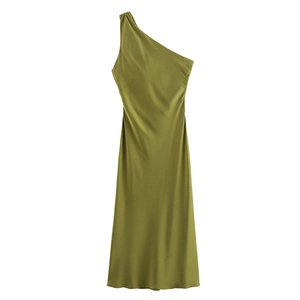 Women Sexy One Shoulder Olive Green Satin Midi Dress Asymmetric Twist Front Cutout Backless Elegant Party Evening Dress