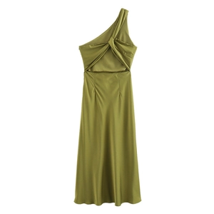 Detail of olive green satin dress featuring one-shoulder design and waist cutout