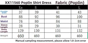 Tableau des tailles pour robe chemise en popeline incluant les mesures d'épaules