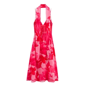 Robe courte dos nu à col en V avec imprimé fleuri rouge et écharpe assortie chic