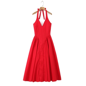 Robe Longue Rouge Élégante pour Femmes Dos Nu Col en V Profond Plissé Taille Haute Ligne A Robe Maxi Mode Vacances Fête Robe Longue