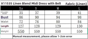 Detailed size chart for linen midi dress showing bust waist and length measurements