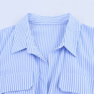 Détail d'une robe chemise à rayures bleues et blanches avec col à revers et poches poitrine
