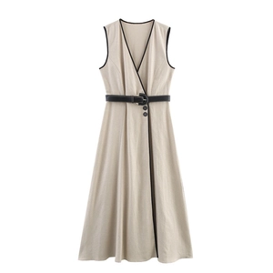 French Style Sleeveless V Neck Midi Dress With Belt Contrast Piping Oatmeal Linen Blend Elegant A-Line Dress For Women
