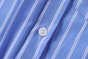 Detailed macro view of white four-hole button on blue and white striped poplin shirt