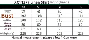 Detailed size chart for women's linen shirt showing measurements for XS to L sizes