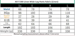 Size chart table for linen wide-leg trousers showing measurements from XS to L