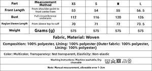 Size chart for autumn casual jacket with detailed bust and raglan sleeve measurements
