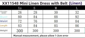 Size chart table for summer sleeveless linen mini dress showing dimensions for sizes XS to L