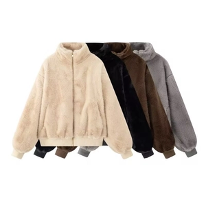 Women Faux Fur Jacket Stand Collar Zipper Warm Winter Coat Ribbed Cuffs Casual Loose Short Solid Outerwear Ladies Jacket