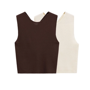 Women Casual Ribbed Knit Tank Top Sexy Back Criss Cross Design Sleeveless Round Neck Solid Color Slim Fit Short Vest Top
