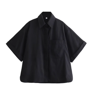 Women's minimalist black short-sleeve poplin shirt with chest pocket and lapel collar