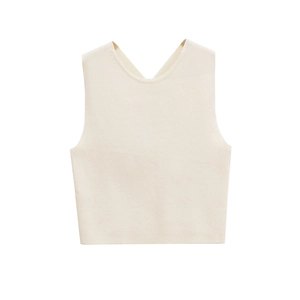 Detail view of the fine knit texture and neckline of this cream sleeveless vest top