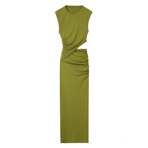 Women Round Neck Sleeveless Side Hollow Out Ruched Maxi Dress Summer Slim Fit Elegant Solid Color Long Dress
