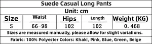 Size guide for faux suede pants with polyester fabric details and measurements