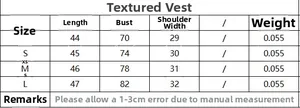Size chart detail for textured V-neck vest with measurements for XS to L sizes
