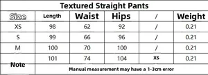 Size chart for high-waisted textured straight trousers with length and waist measurements