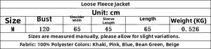 Size chart for faux suede loose jacket showing measurements and fabric specifications