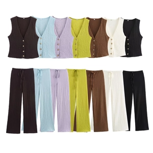 Women Satin Crinkle Sleeveless Vest And Wide Leg Pants Set Elegant V-Neck Casual Summer Outfit For Celebrity Style