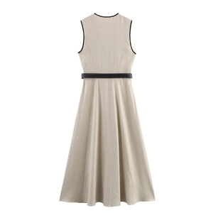 Chic beige V-neck sleeveless dress with black belt and contrast piping detail