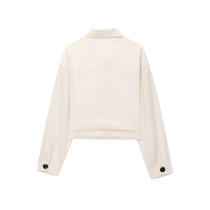Back view of cream short cropped jacket with turn-down collar and black sleeve buttons