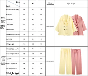 Size chart for women's double-breasted blazer and pants set with fabric specifications