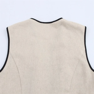 Oatmeal sleeveless V-neck dress with black contrast trim and cotton linen texture