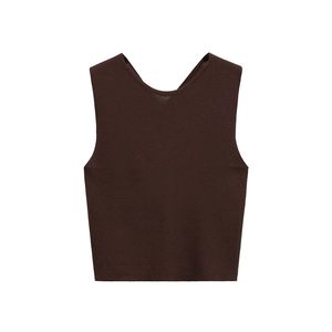 Flat lay of a dark brown ribbed knit crop top with a curved neckline and wide straps