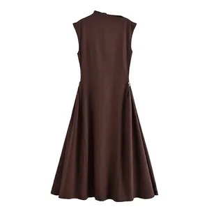 Elegant Women Sleeveless Midi Dress Asymmetrical Neck Metal Buckle Solid Color French Style Office Casual Evening Dress
