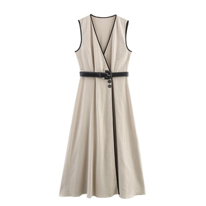 Elegant oatmeal v-neck sleeveless midi dress with black contrast trim and belted waist