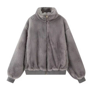 Dark grey faux fur jacket with stand collar and zipper closure on white background