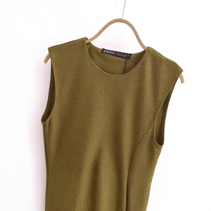Elegant sleeveless knit dress in olive green with a classic crew neck design for women