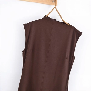 Elegant sleeveless dark brown high-neck dress with a slim-fit design and back zipper