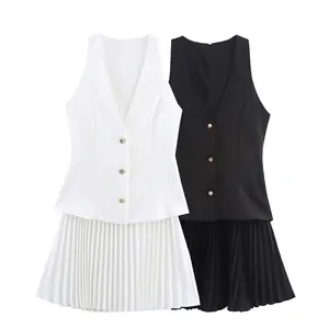 Abito da Donna Sexy Con Scollo a V Senza Maniche Patchwork Mini Abito Con Orlo Plissettato Monopetto Moda Estate Vestito per Appuntamenti