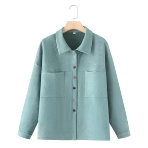 Macro detail of faux suede jacket with chest pockets, turn-down collar and size M label