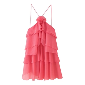 Hot pink chiffon halter tiered ruffle dress with a 3D floral accent for summer vacation