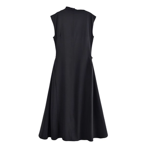 Elegant sleeveless black A-line midi dress with high collar and slimming vertical seams