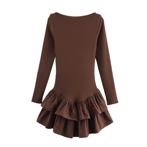 Detailed view of dark coffee long sleeve dress featuring layered pleated hem and elastic fabric
