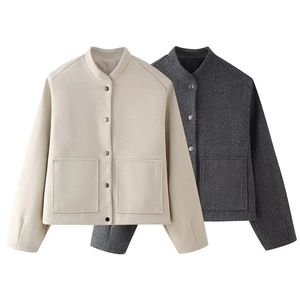 Women's minimalist wool-blend cropped jacket with snap buttons and front pockets