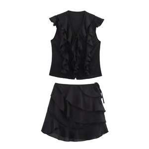 Chemise en Polyester à Volants et Col en V Sans Manches pour Femmes Mini-jupe à Étages Streetwear Européen Tenue Décontractée Noir
