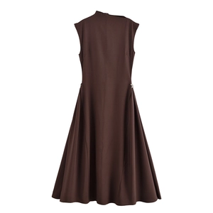 Elegant sleeveless dark brown dress with mock neck and metal waist buckles for women