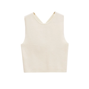 Minimalist cream white ribbed knit crop top with round neck in a flat lay view