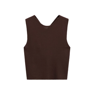 Minimalist solid brown knitted sleeveless crop top vest with vertical ribbing texture