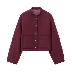 Women's burgundy wool jacket featuring gold buttons and large front utility pockets